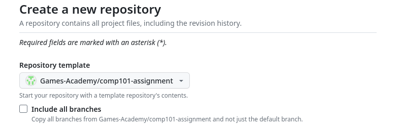 a cropped screenshot of the create new repostory page, showing the template selected from the dropdown. Include all branches is not checked.